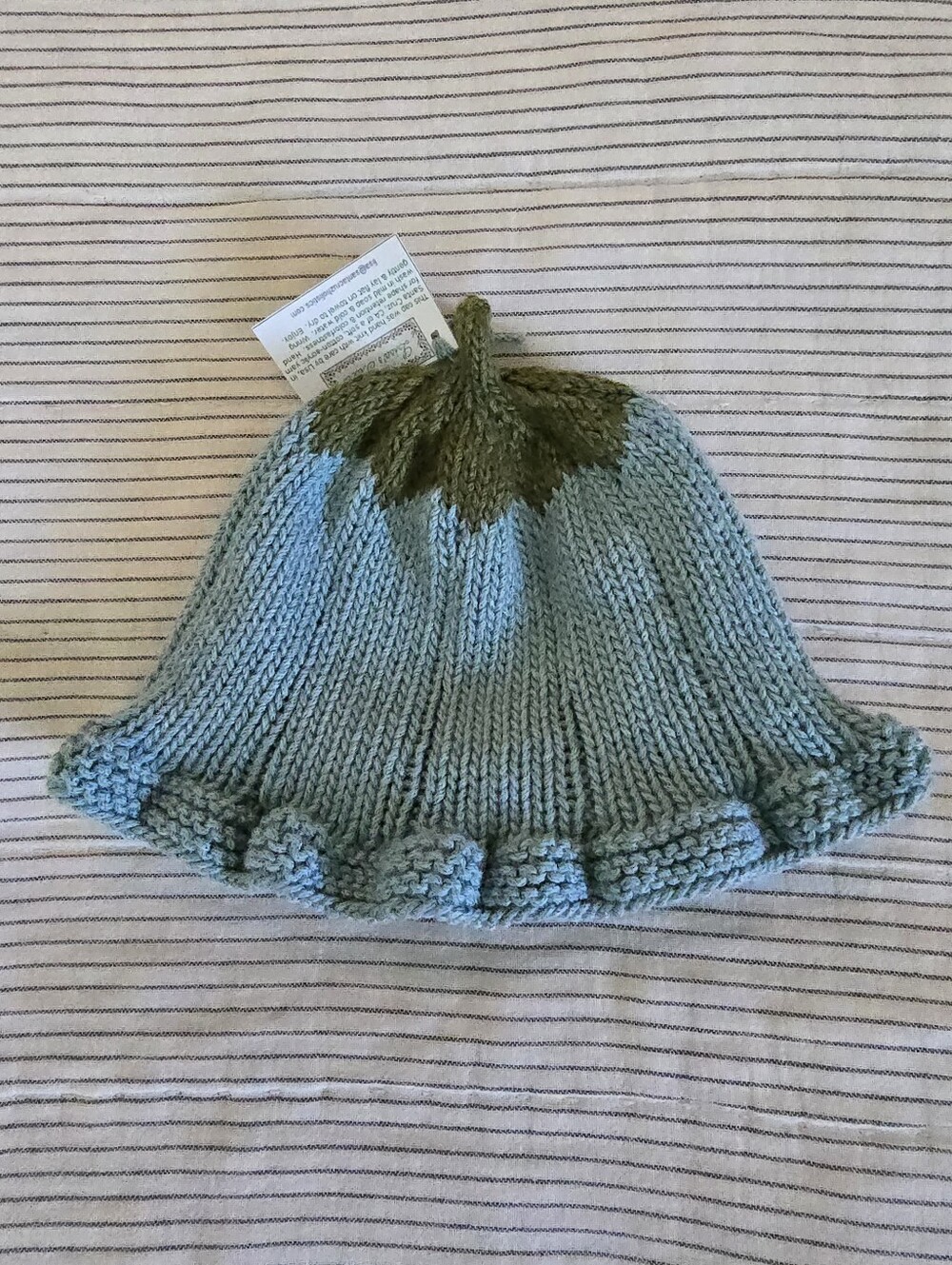 Hand Knit Homemade Flower Beanie Hat For Baby Girl Blue Green Fairy Cottagecore